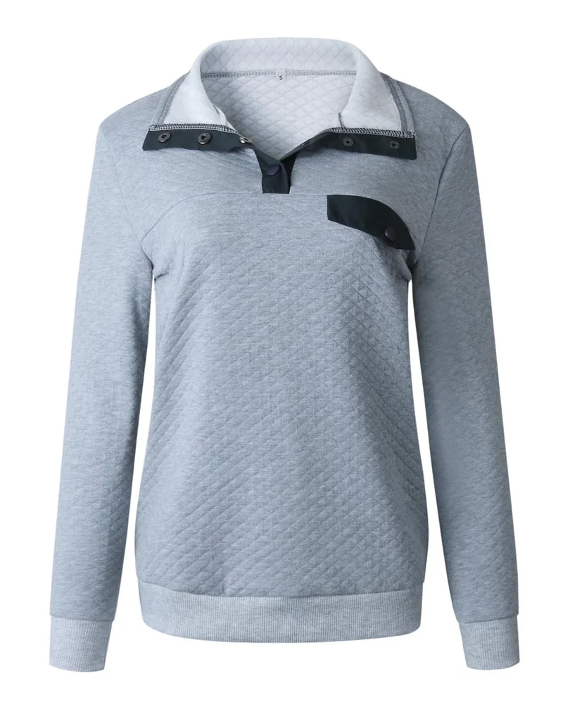Hitmebox осенне-зимний пуловер с высоким воротником и пуговицами, с длинным рукавом, лоскутные блузки, топы, толстовка, цветная верхняя одежда - Цвет: Серый
