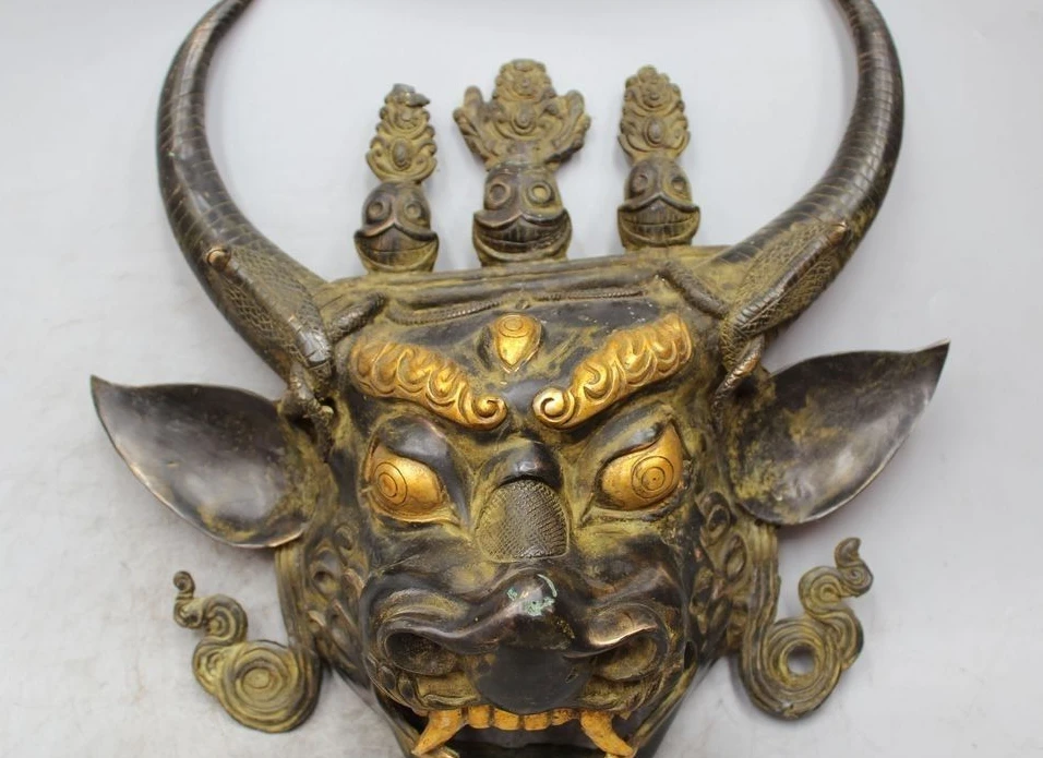 

14" Chinese Bronze Gilt Yamantaka Head Mask Hayagriva Buddha Face Bull Ox Statue