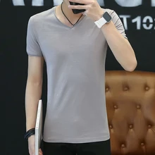 

Summer short-sleeved solid color minimalist style cotton breathable elastic T-shirt V-neck