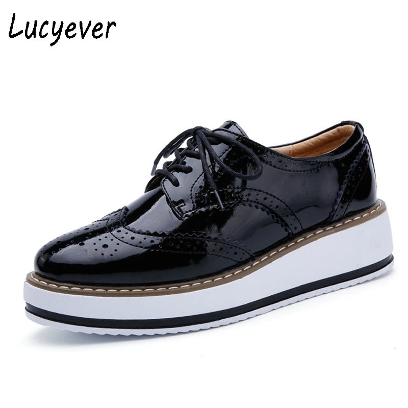 

Lucyever Women's Platform Brogue Flats Shoes Woman Patent Leather Lace Up Platform Casual Shoes 2017 Spring Autumn Student Shoes