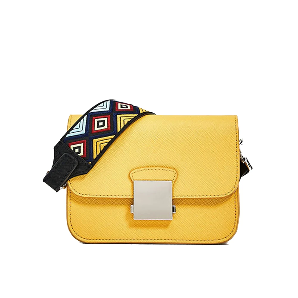 

Fashion Embroidery Ribbon Yellow Flap Bag for Ladies PU Leather Shoulder Bags Women Luxury Quality Cute Messenger Bag