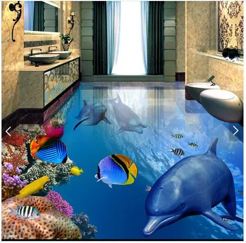 

Customized 3d wallpaper 3d floor wallpaper Fish dolphin underwater 3 d the bathroom floor wall 3D living room photo wallpaer