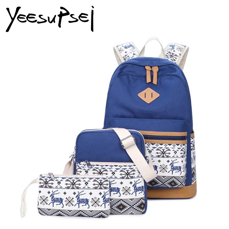 

YeeSupSei School Bag Three-piece Waterproof Solid Color Canvas White National Stripe Backpack Primary School Mochila Rucksack