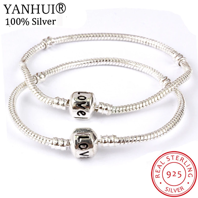 

YANHUI New Fashion Solid Silver Snake Chain Original Charm Bracelet With Love Stamped Charm Bead Bracelet For Women Gift H520