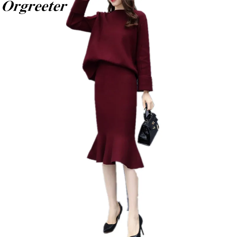 

Temperament Red Wine Sweater and Skirt 2 Piece Set Autumn Thin Loose Pullovers and Sexy Bodycon Trumpet Skirt Set Plus Size 4XL