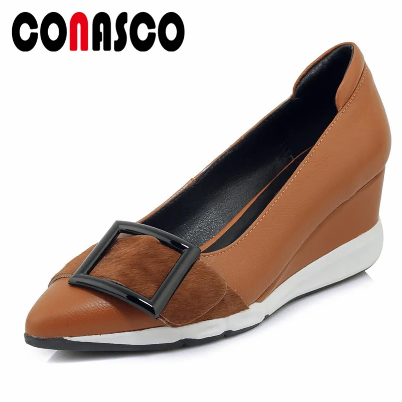 

CONASCO Retro Women Genuine leather Pumps Wedges High Heeled Buckles Wedding Party Shoes Woman Slip On Fashion Platforms Pumps