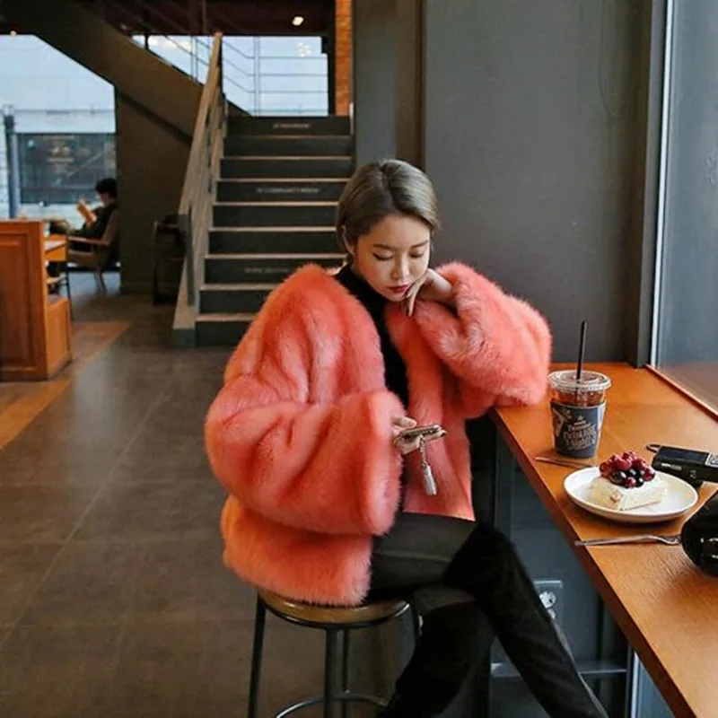 

Stylish O neck Long Hairy Shaggy Faux Fox Fur Short Jackets Winter Woman Loose sleeve Loose Faux Fur Coat Outerwear Orange