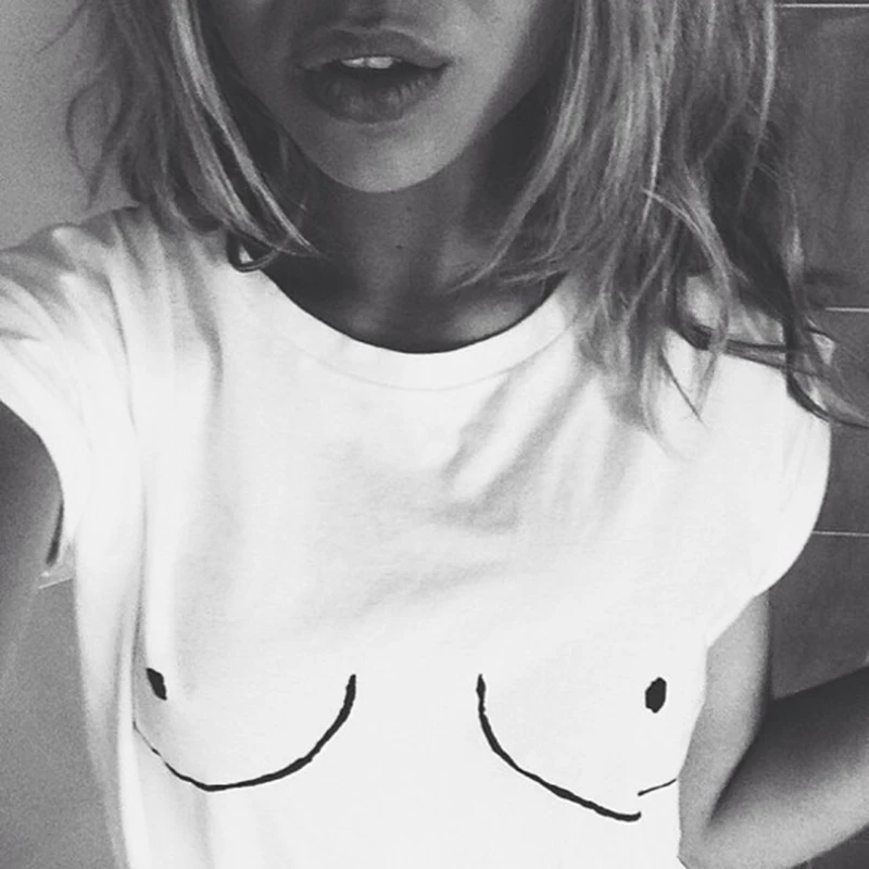 2016 Cotton Womens T shirt White Tit Tee Breast Printed T-Shirt Emoji Tees Street Boob Harajuku Womens Tshirt Plus Size M-3XL