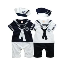 

Baby rompers Navy Sailor uniforms summer baby clothes Short sleeve one-pieces jumpsuit + hat baby boys girls clothing 2017 gift
