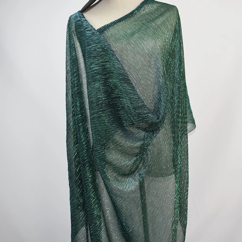 Изумрудно-зеленый цвет металлик электро-оптическое плиссе в гармошку ткань Блестящий шелк морщинка ткань для платья головной убор Африканский