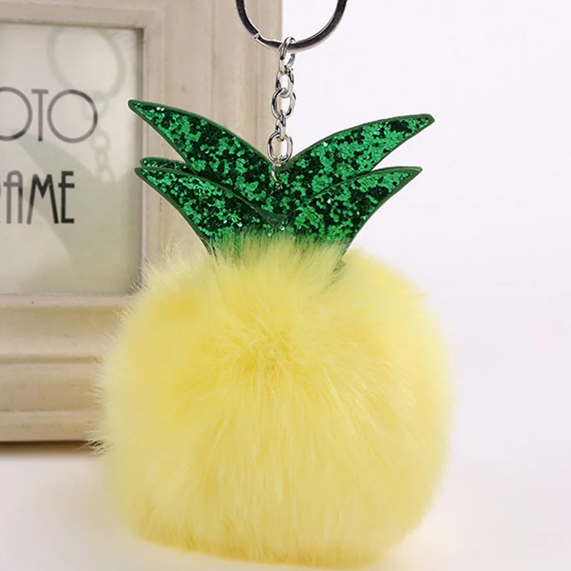 Best Fluffy Rabbit Fur Ball Pom Pom Pineapple Keychain Female Pompom Bunny Fur Key Chain Key Holder Women Bag Car Charm Trinket Gift