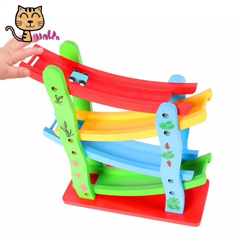 Children Wooden Toys Mini Speeding Car Wooden Four Layerd Track Gliding