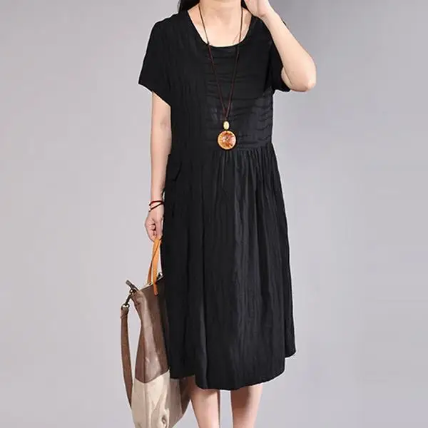 BUYKUD Women Pleated Black Dress Cotton 2018 New Summer Fashion Casual Loose Dresses (5)