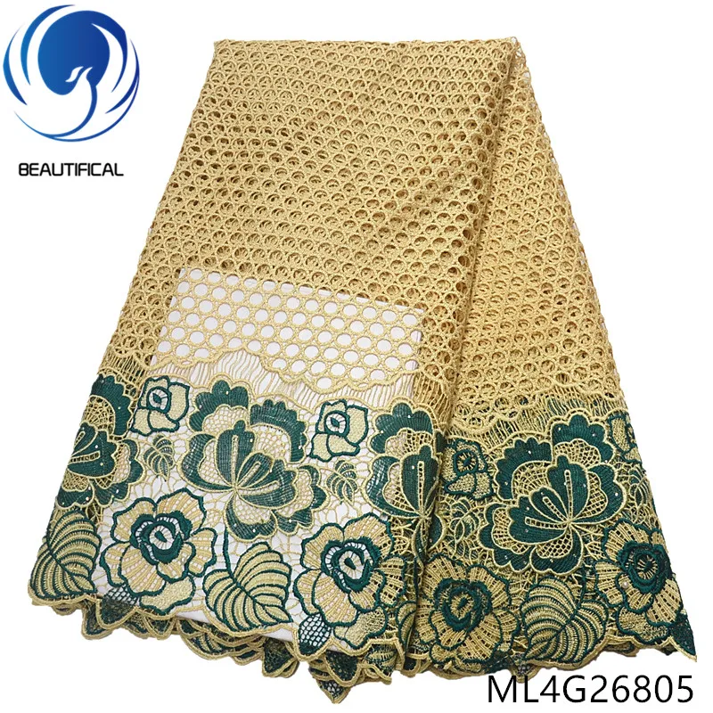 

BEAUTIFICAL Guipurelace fabric Hot sale embroidery nigerian cord lace with beads water soluble lace stones 5yards/lot ML4G268-1