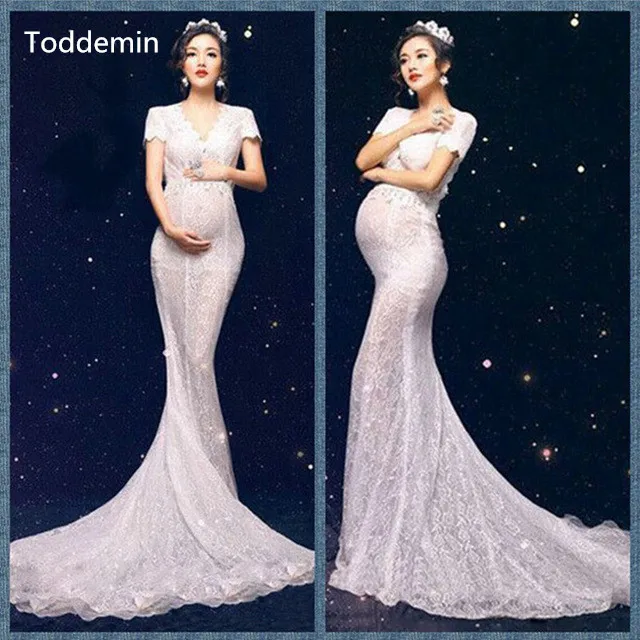 

Toddemin 2018 lady white dress maternity photography props lace pregnancy clothes maternity pregnancy photo shoot clothing