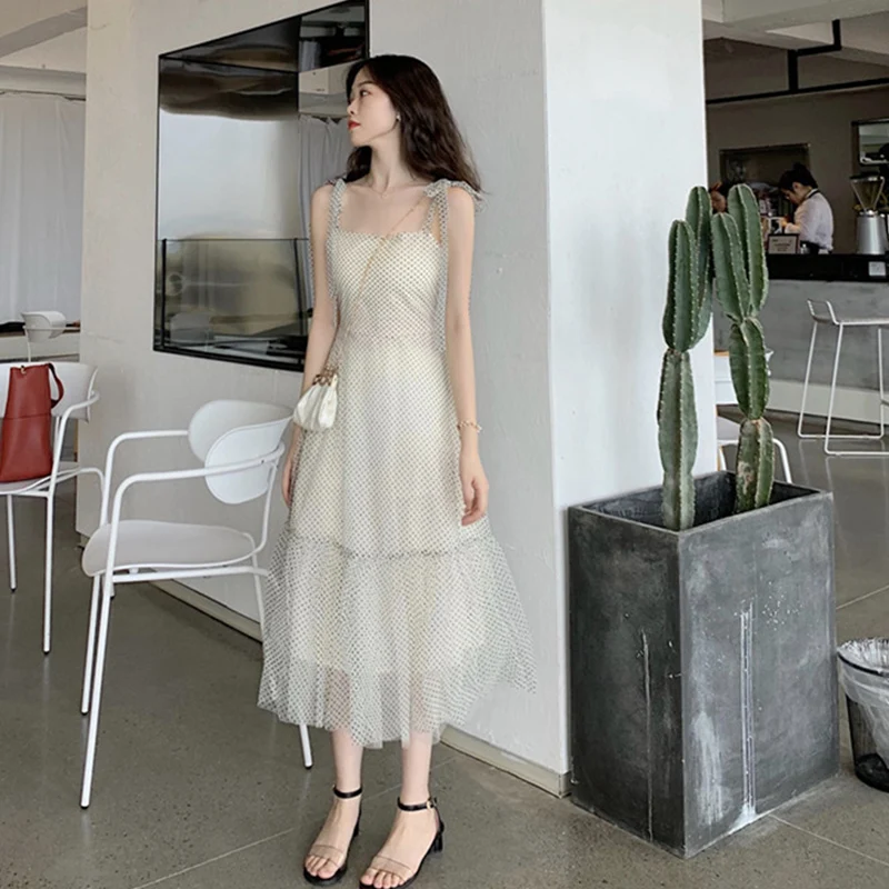 sweet a-line dot ruffles mash off shoulder spaghetti strap long dress fashion brand summer style Women's Clothing dresses hot