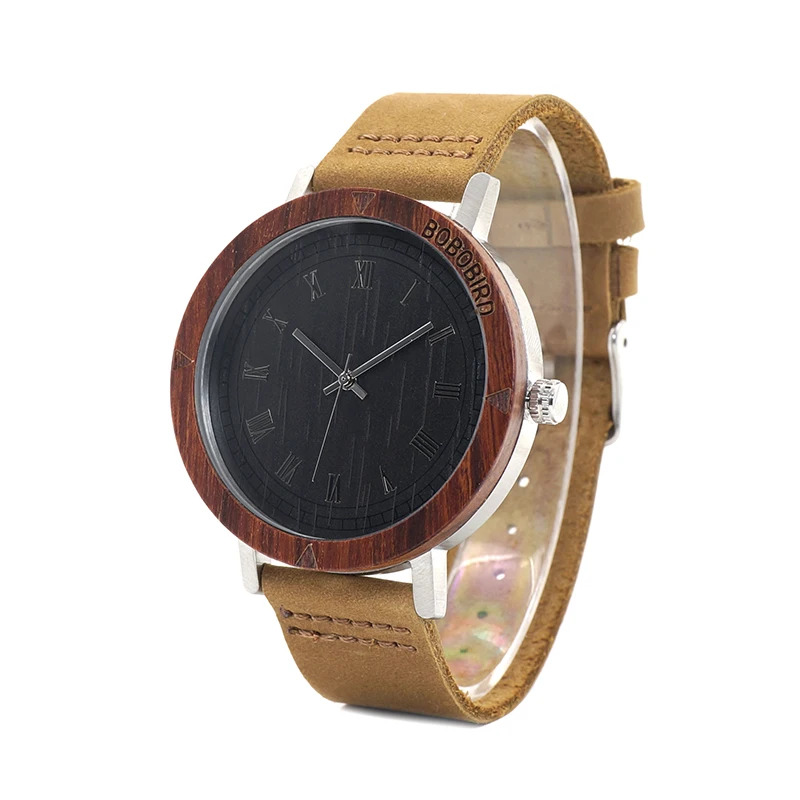 BOBO BIRD WK06 Classic Red Sandalwood&Steel Watch Rome Number Dial Face Soft Leather Strap Mens Watch As Gift Accept OEM Relogio