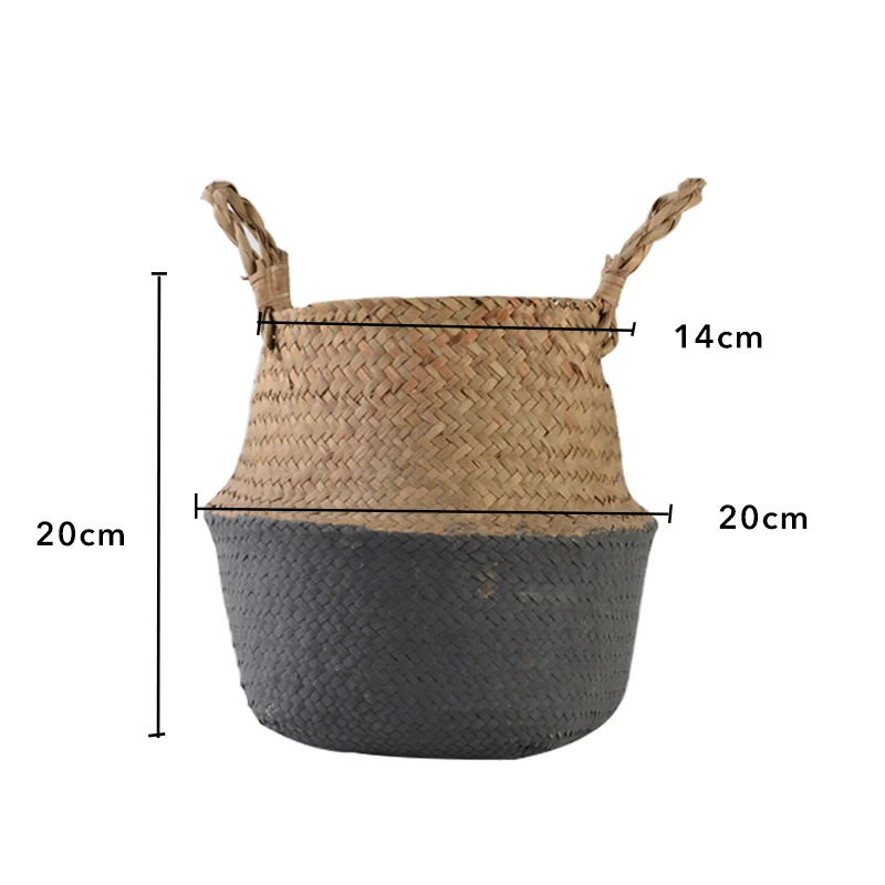 Garden Plant Flower Pot Handmade Rattan Storage Basket Foldable Seagrass Straw Hanging Woven Handle Toy Storage Container 1Pc