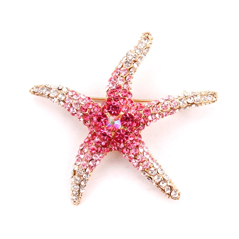 Red and Blue Crystal Rhinestones Starfish Fashion Brooch Pins for Coat