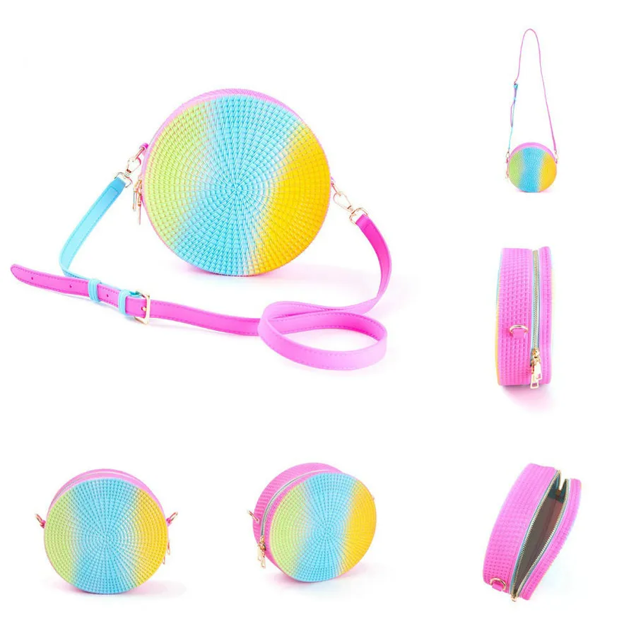 

Gradient Rainbow Round Straw Bags Designer Rattan Women Shoulder Bags Woven Wicker Crossbody Messenger Bag Summer Beach Purse