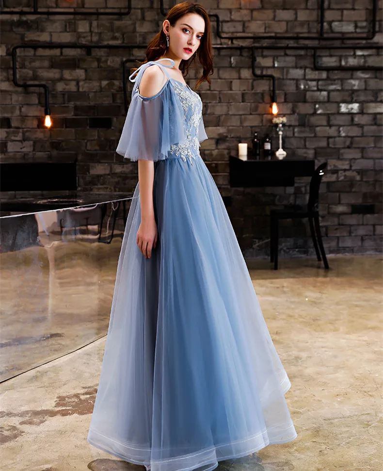 JaneVini элегантный синий свет длинное платье спагетти бретели для нижнего белья аппликации бисером спинки Тюль подружки невесты свадебные