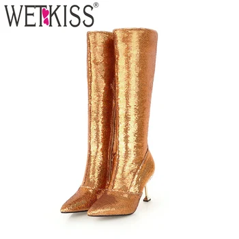 

WETKISS Knee High Women Winter Boots Bling Crystal Footwear Pointed Toe Party Ladies Shoes High Heels Female Boots 2018 Black