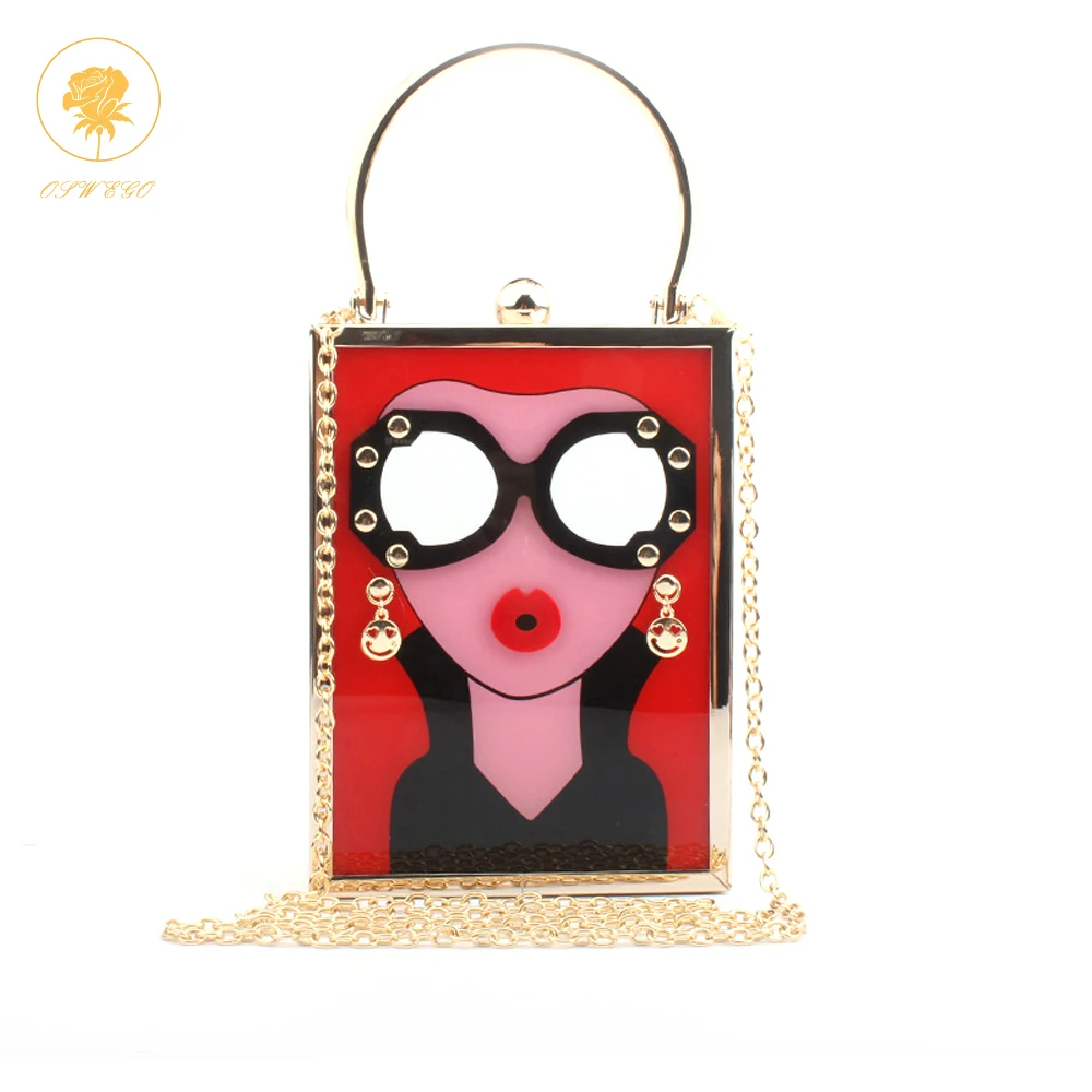 

OWSEGO Acrylic Clutch Printing Rivet Women Single Shoulder Bag Metal Chain Mini Crossbody Bag Evening Handbag Small Square Bag