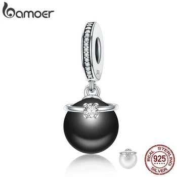 

BAMOER 100% 925 Sterling Silver 2 Colors Elegant Pearl & Clear CZ Pendant Charm fit Charm Bracelet Jewelry SCC572