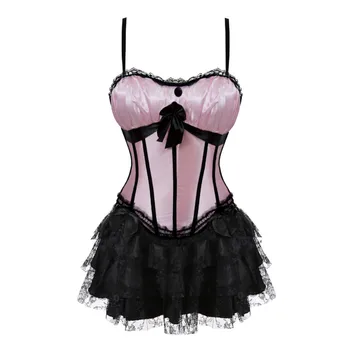 

Pink Red Stripe Sexy Straps Overbust Corset Top Lace Bowknot Decorated Clubwear Showgirl Body Shaper Size S-6XL