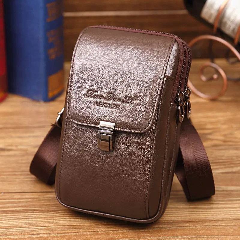

Men Genuine Leather Flap Solid Color Multifunction Crossbody Phone Pouch High Quality Mobile Phone Credit Card Storage Bags
