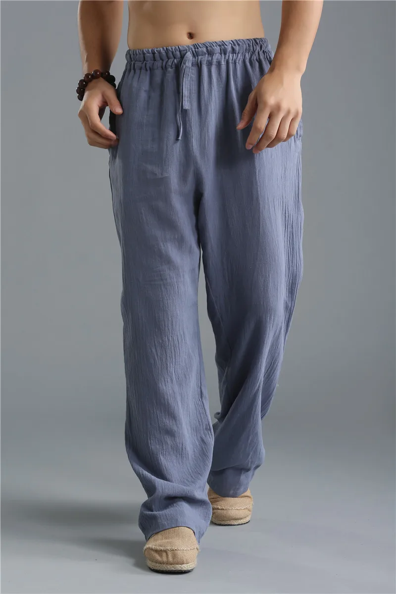 Hisenky летние тонкие дышащие и мягкие хлопковые льняные мужские повседневные штаны с эластичной резинкой на талии, натуральные льняные прямые брюки