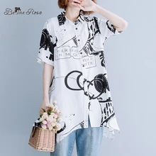 BelineRosa, европейская уличная мода, женская длинная блузка, Летний стиль, короткий рукав, принт, неровная блузка, женская, FNFS0001