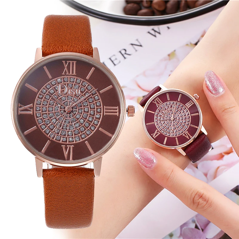 Роскошные PU Кожаный ремешок со стразами циферблат женские модные кварцевые часы женские часы Reloj Mujer женские часы Relogio Feminino