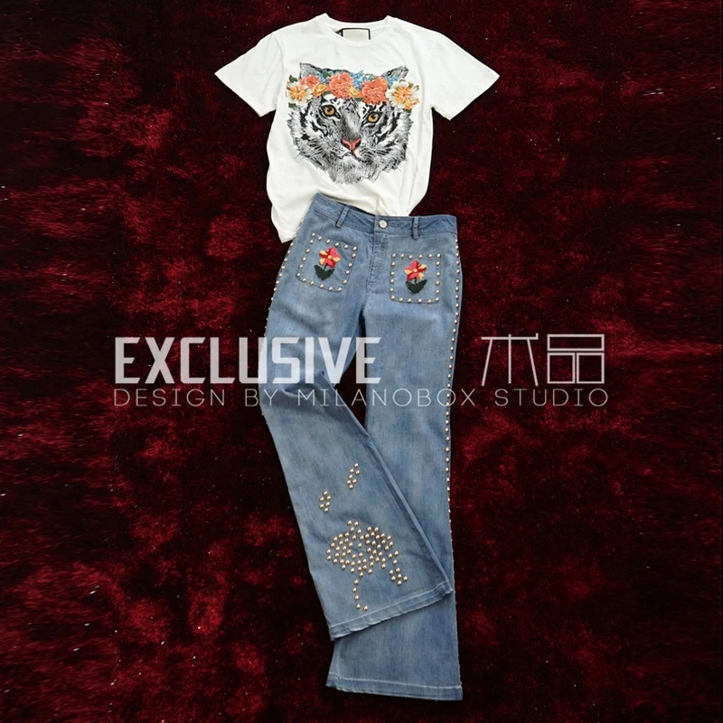 

2017 Runway Designer New Spring Summer Vintage Jeans Women's High Quality Nail Bead Floral Embroidery Jeans Flare Pants