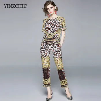 

Summer Casual Printed Womans Suits O-neck Pull Pencil Pants Set for Office Work Female Slim Two-pieces Sets New 2019 Suit