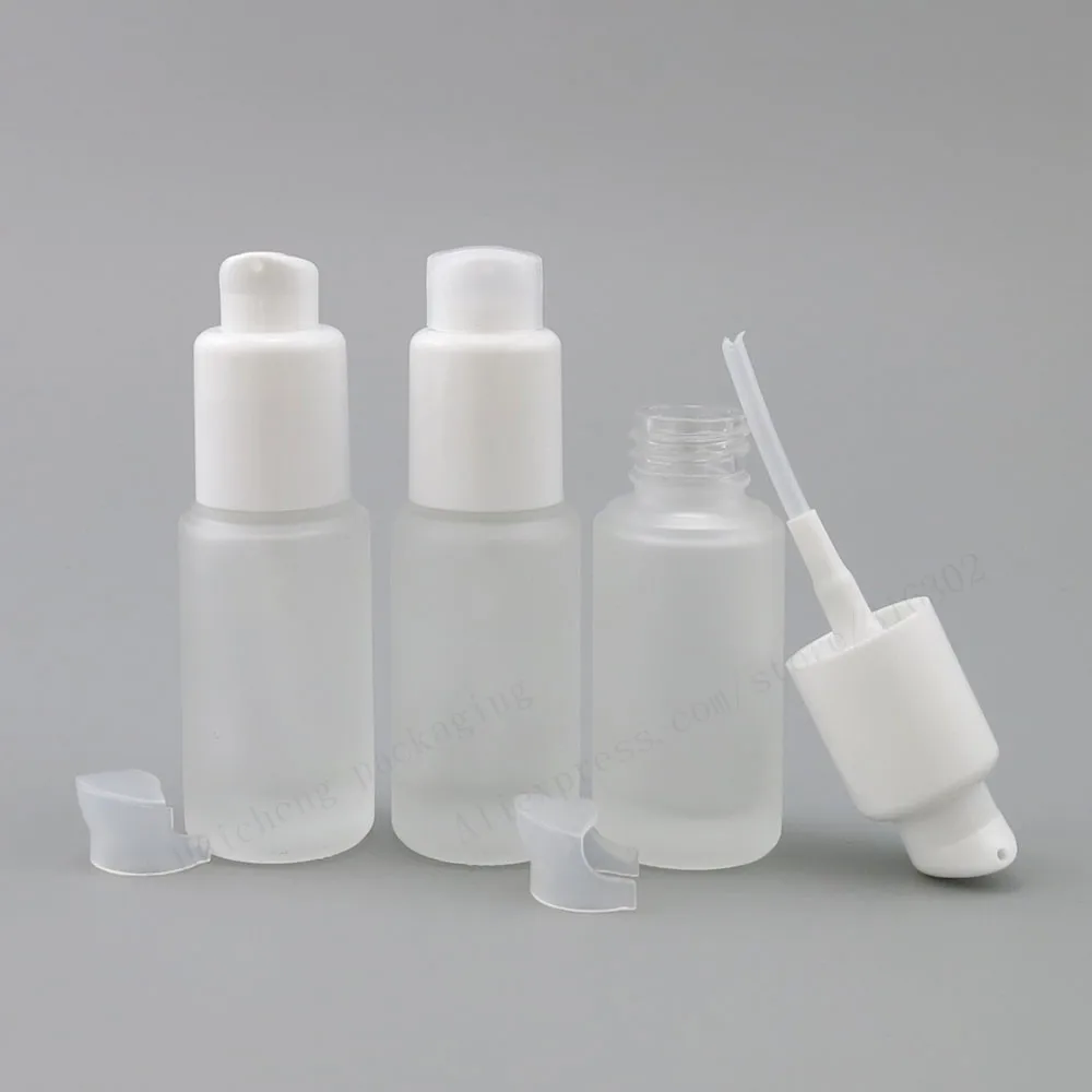 200 x 20ml Frosted Flat Shape Glass Lotion Bottle With White Pump 2/3
