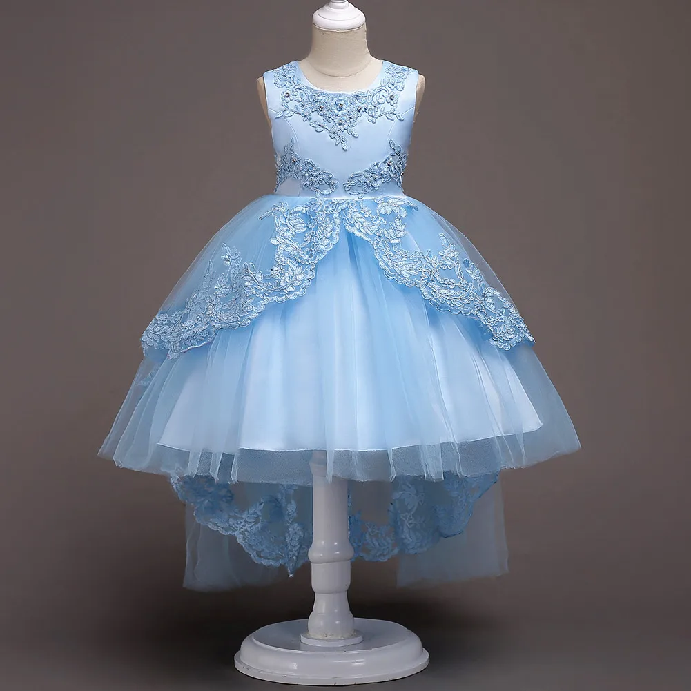 

2019 New Kids Girls Formal Dress Lace Embroided Round Neck Sleeveless Bubble Princess Dress