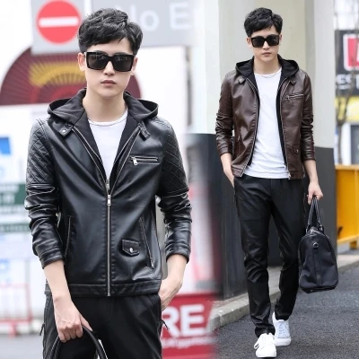 2017 Autumn&Spring Fashion Leather Hooded Jacket Men High quality Men