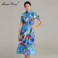 MoaaYina Fashion Designer Set Summer Women Short sleeve Rainforest Floral-Print Beading Shirt Tops+Pleated Skirt Two-piece suit