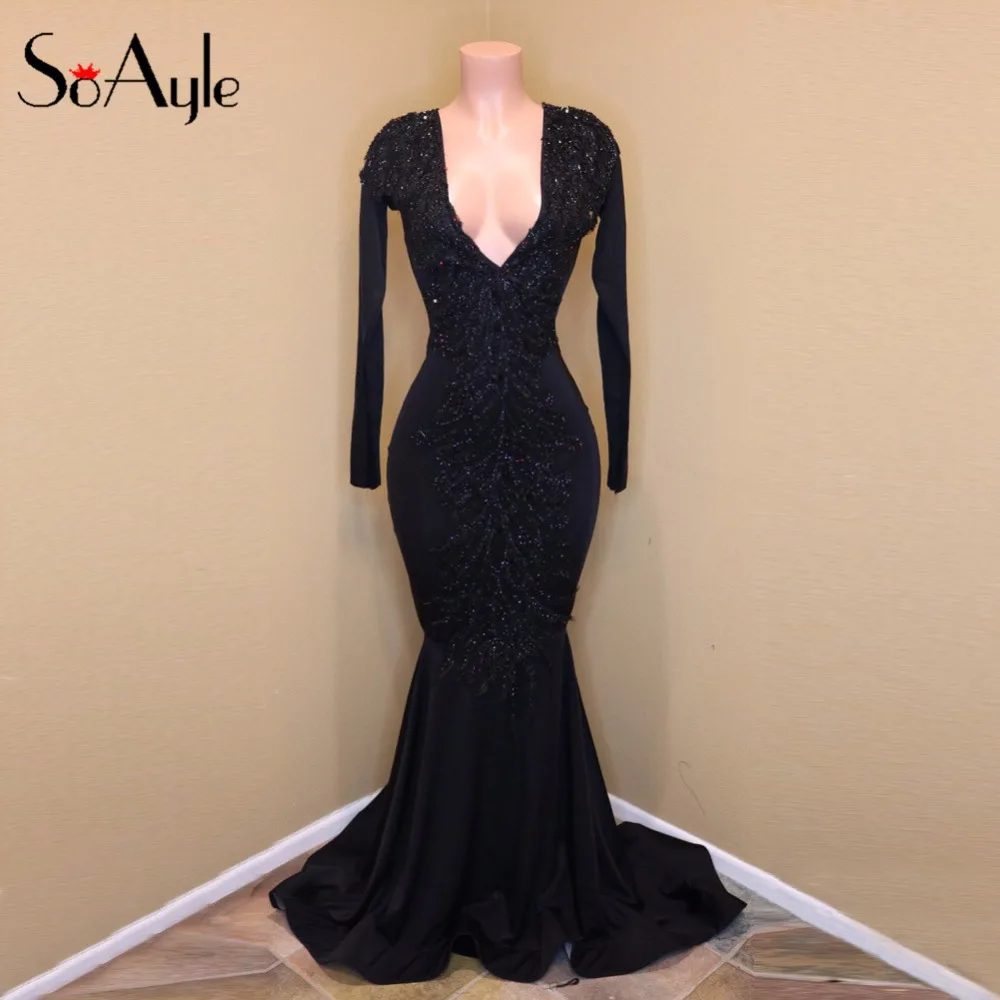 SoAyle Deep V-Neck Mermaid Evening Dresses Beaded Feather Center Piece Long Sleeves Prom Court train Vestidos De Festa | Свадьбы и