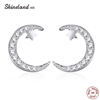 

Shineland Moon Stars Shiny Zircon Stud Earrings For Women Romantic Fashion Girl Gift Prevent Allergy 925 Sterling-silver-jewelry