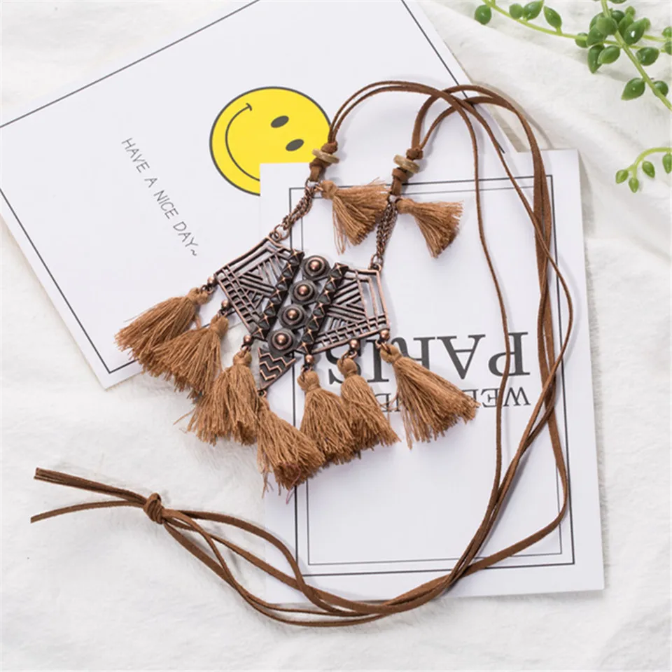 

Long Women's necklace Ethnic Leather chain Sweater chain Long tassel pendant necklaces for women Vintage Bohemia Tassel necklace
