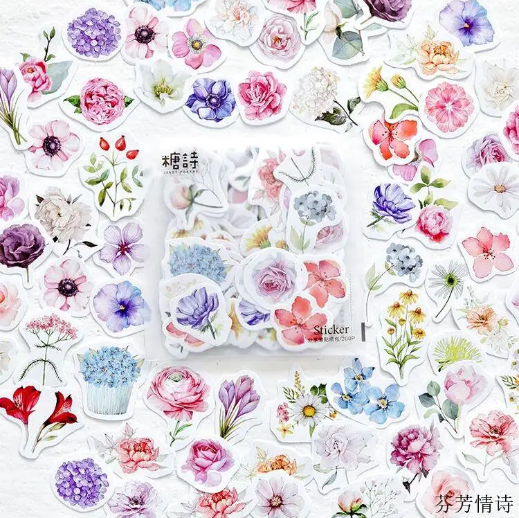

200pcs/pack Beautiful flowers Kawaii geometry Fresh boys and girls Decoration Sticker DIY Scrapbooking Label Diary Album Escolar