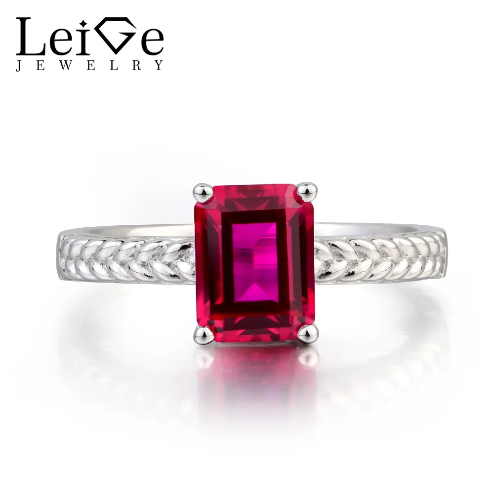 Leige Jewelry Ruby Engagement Ring Ruby Ring Emerald Cut Red Gemstone