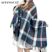 2016 New Women Plaid Tartan Scarf Fall Winter Tassels Button Down Faux Cashmere Shawl Poncho Cape