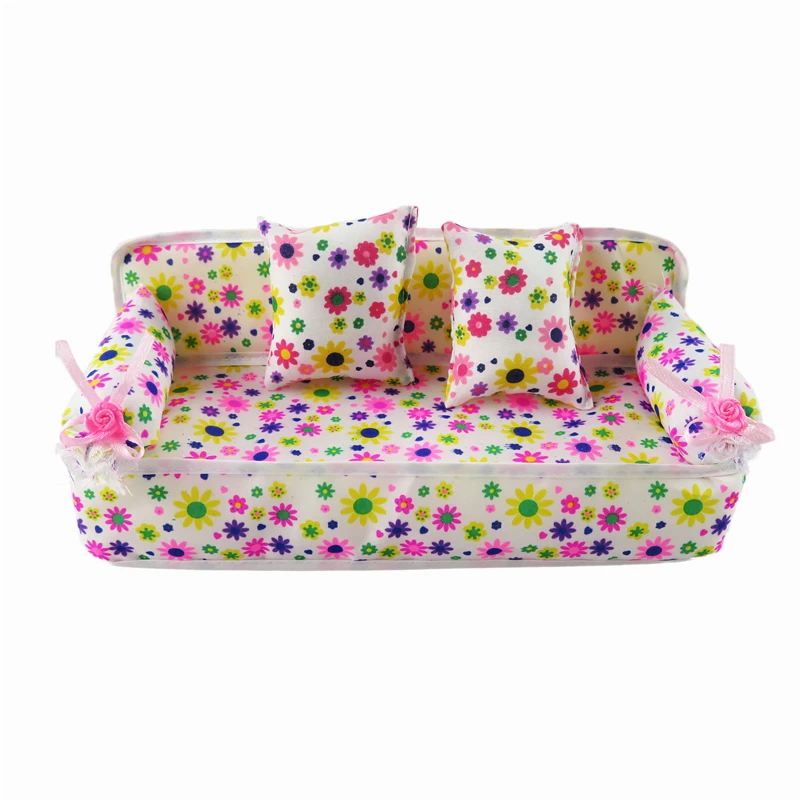 Милый Миниатюрный Кукольный дом мебель цветок ткань диван с 2 подушки для куклы аксессуары детский игровой дом игрушки для Барби