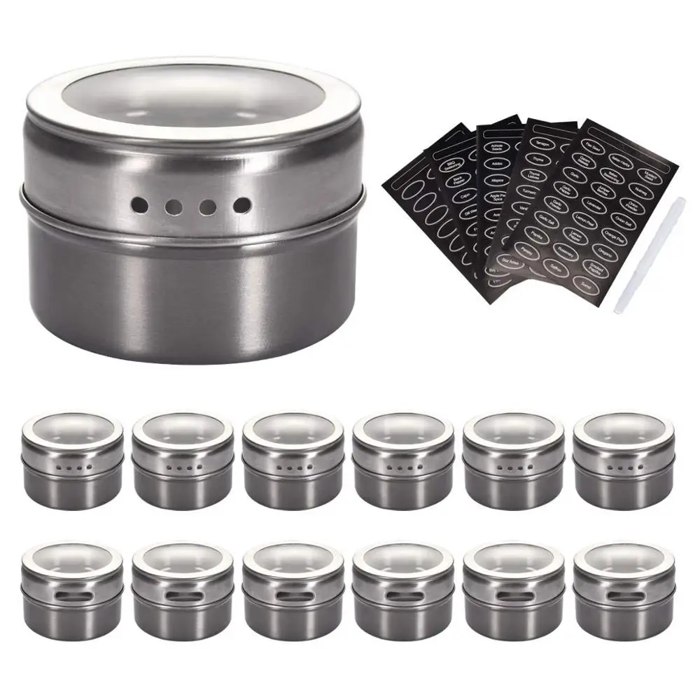 

TPUSNOK Magnetic Spice Jars Stainless Steel Magnetic Spice Tins Kitchen Spice Seasoning Storage Containers With Label Mark TPA79