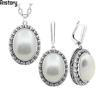 

Oval Pearl Necklace Earrings Jewelry Set For Women Stainless Steel Chain Flower Pendant Fashion Jewelry TS345