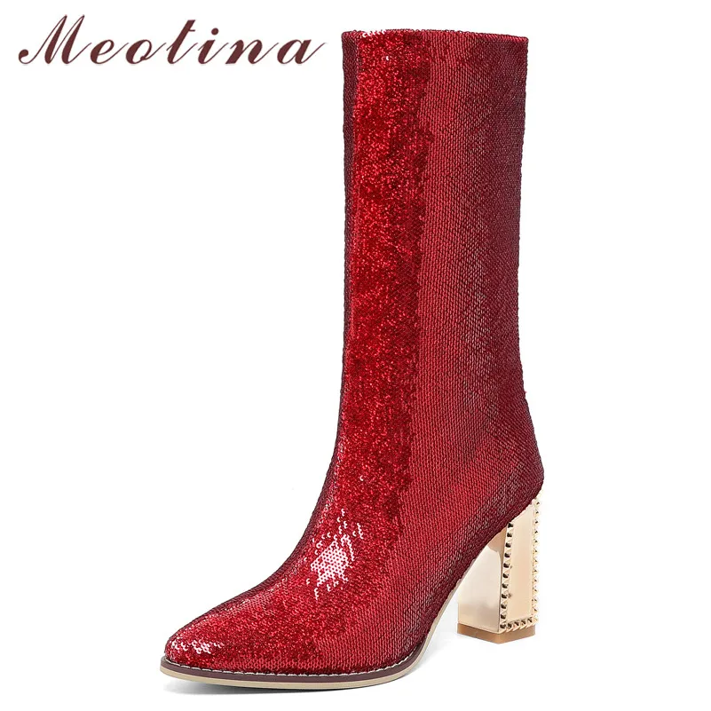 Meotina Winter Mid Calf Boots Women Slim Stretch Zipper Square Heel Boots Luxury Glitter Super High Heel Shoes Lady Fall Red 39