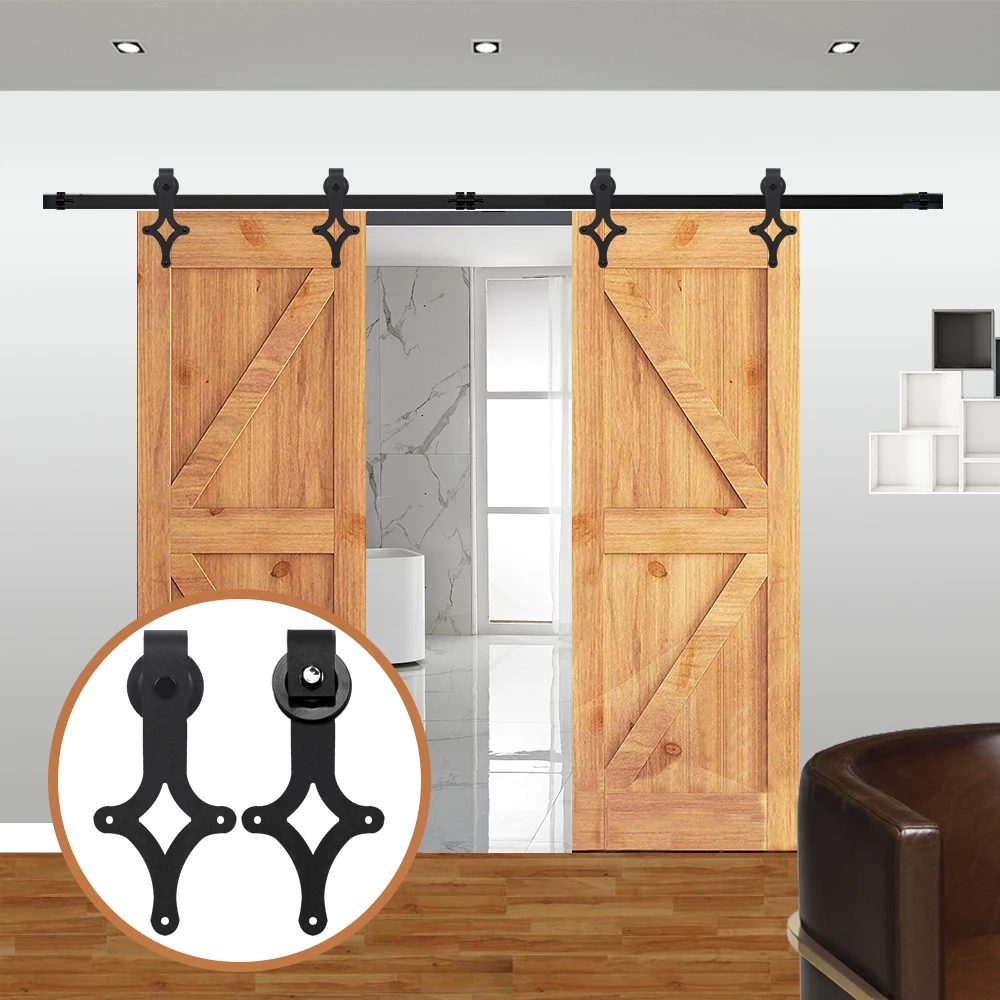 LWZH 7FT/8FT/ 9FT Black Carbon Steel Sliding Barn Door Rhombus Shaped Track Roller Barn Door Hardware Kit for Double Door